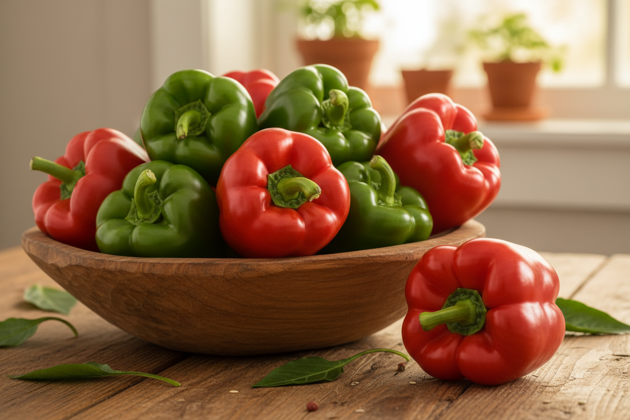 King of the North Pepper Heirloom Green and Red in a Bowl with one on a table