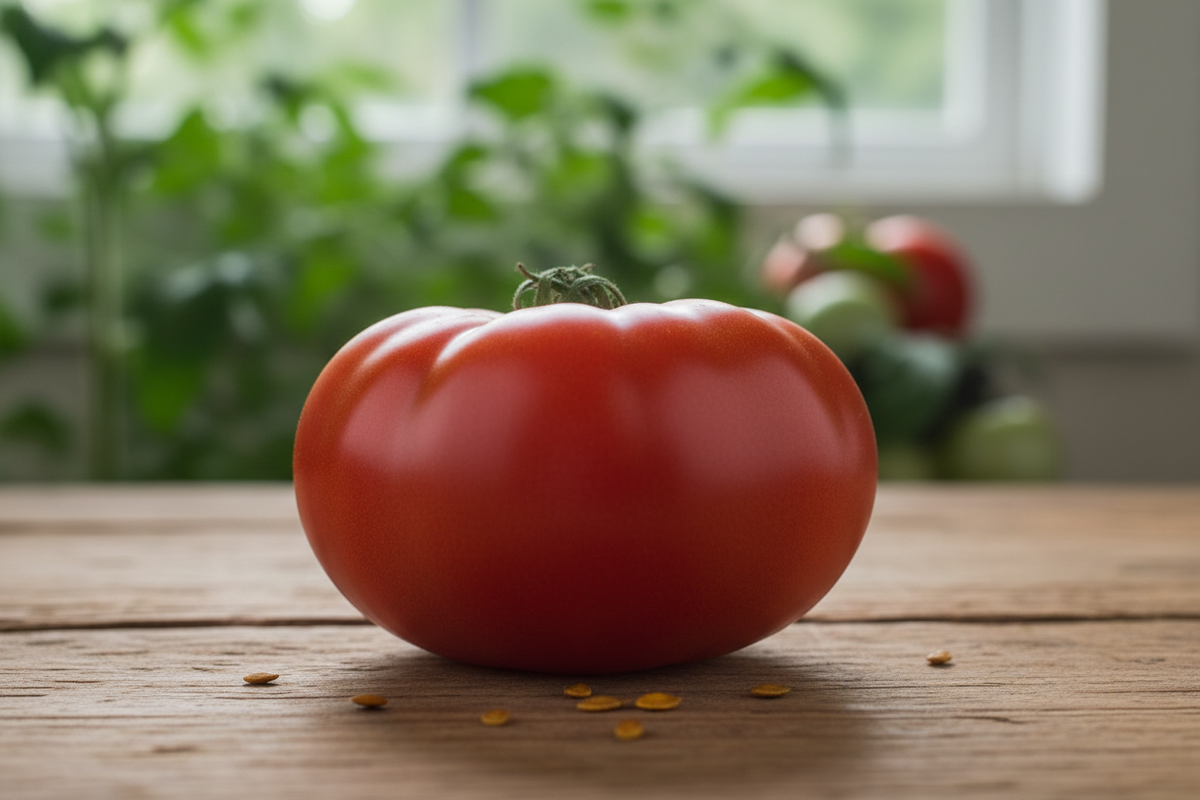 Brandywine Red Tomato heirloom fruit with deep red color and potato-style leaves