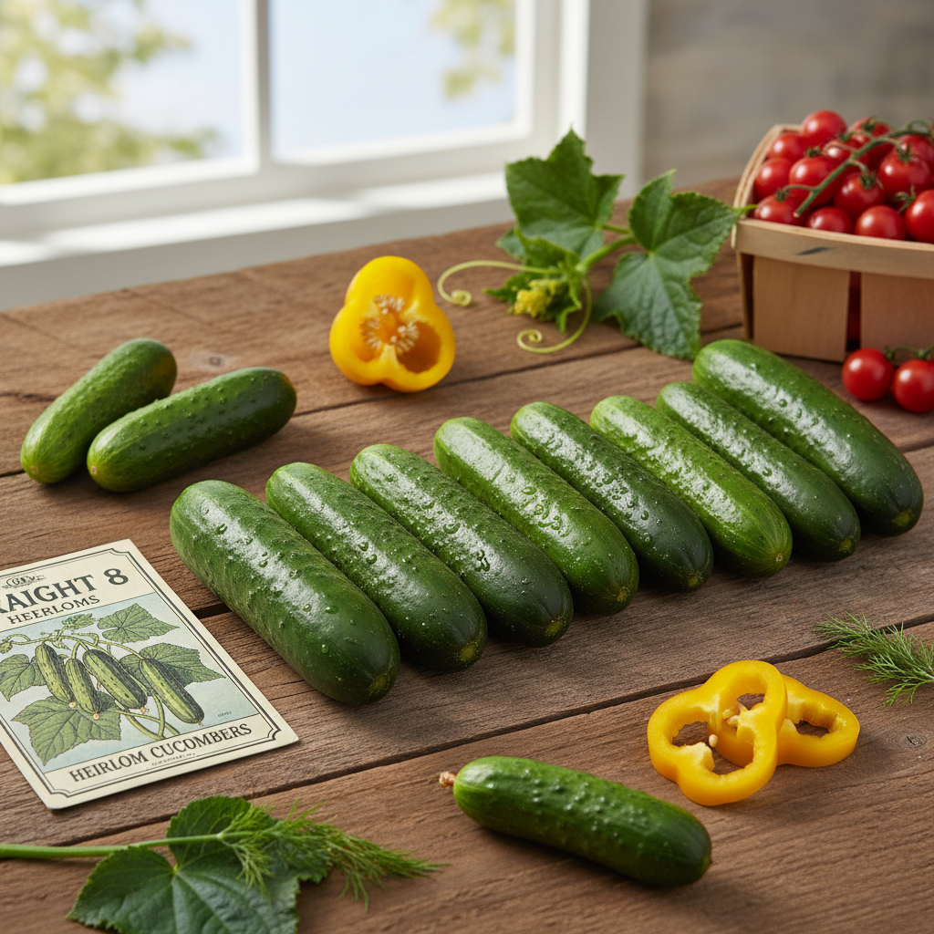 Green cucumbers on a wooden table with a window in the background MatchesSeeds.ca