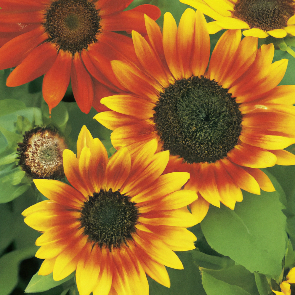 Sunflower Color Fashion seeds with vibrant yellow, orange, and red blooms.