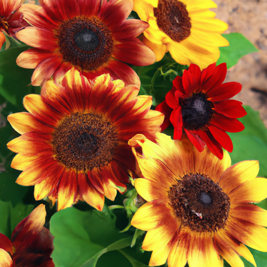 Sunflower Color Fashion variety with vibrant yellow, orange, red, and brown hues in a garden setting.