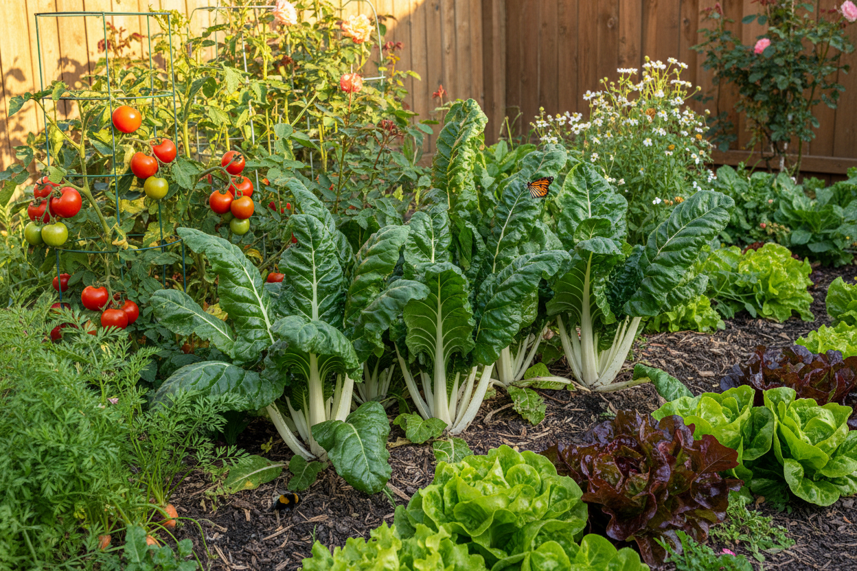 Fordhook Giant Swiss Chard with broad white stems and dark green leaves in garden setting