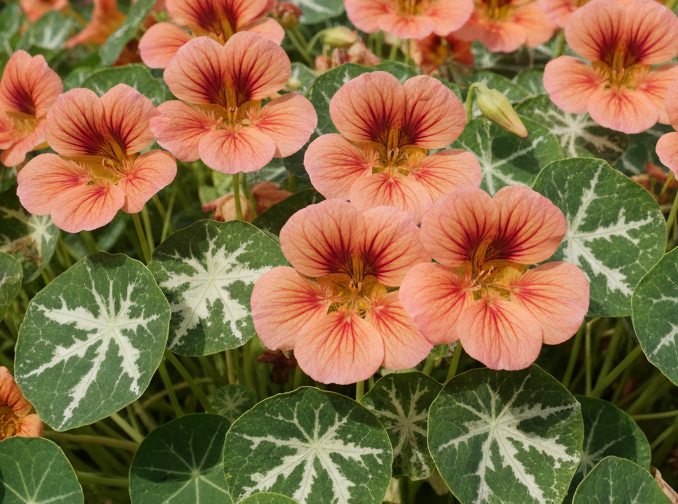 TipTop Alaska Salmon nasturtium plant with variegated foliage and salmon-pink flowers