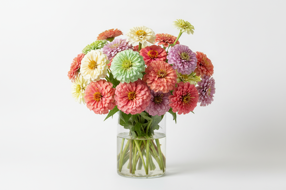 Under The Sea Zinnia Mix vibrant bi-colored coral reef-inspired zinnia flowers with deep purple, peach, and bright pink blooms