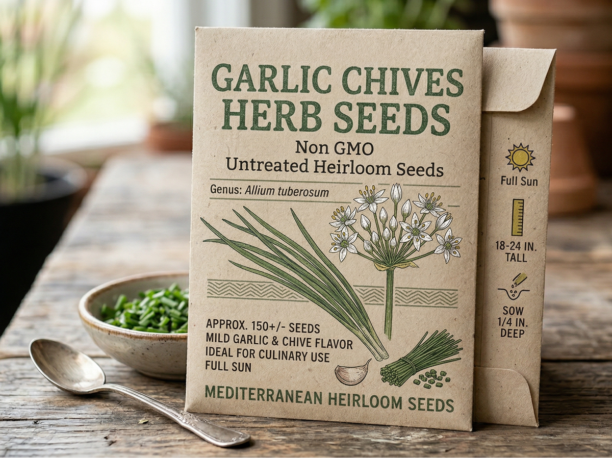 Non-GMO untreated garlic chives seeds packet with fresh green leaves and white star-shaped flowers