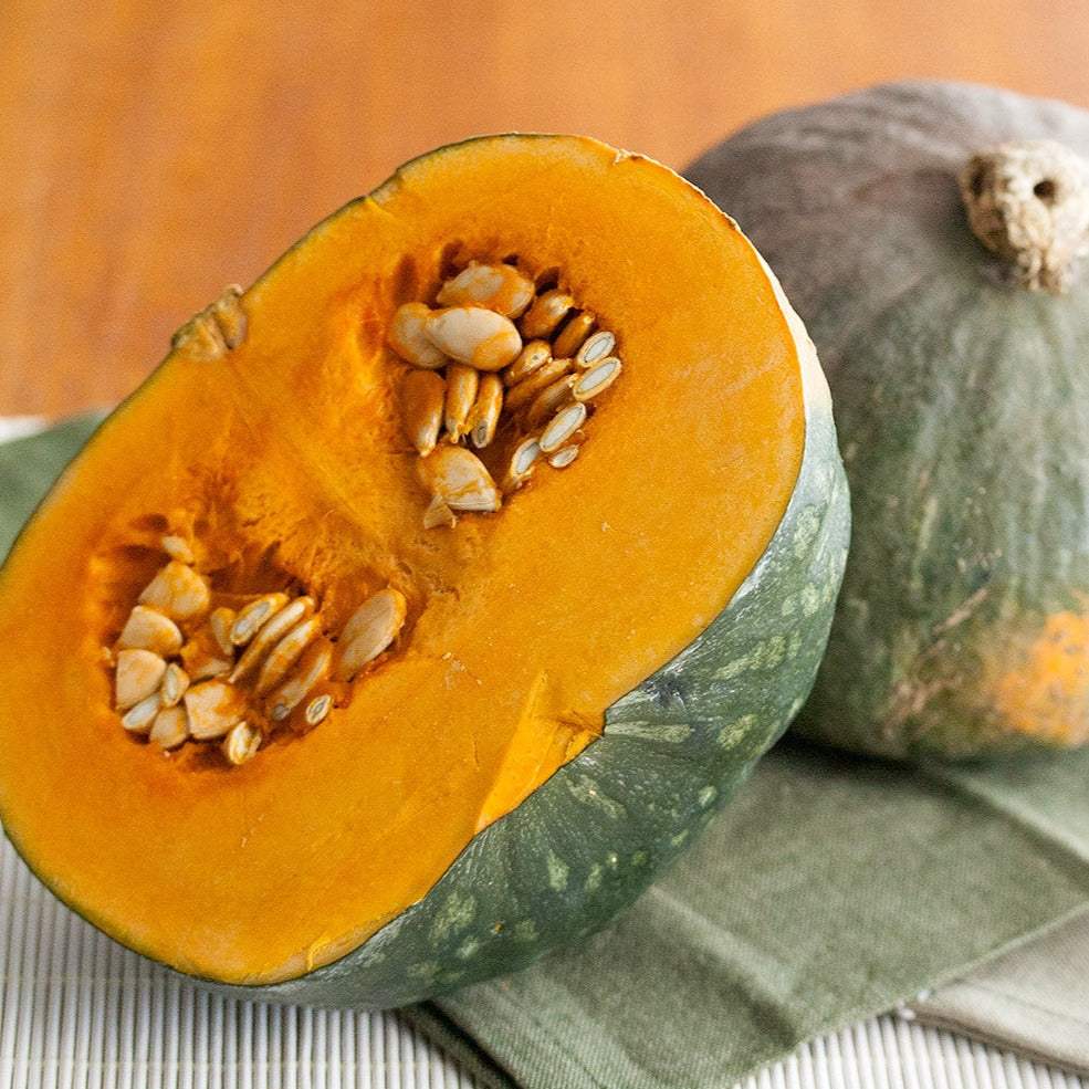 Kabocha Winter Squash F1 with dark gray skin and vibrant orange flesh.