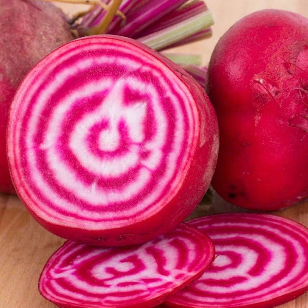 Beets Chioggia Guardsmark Heirloom with candy-cane red and white swirls.
