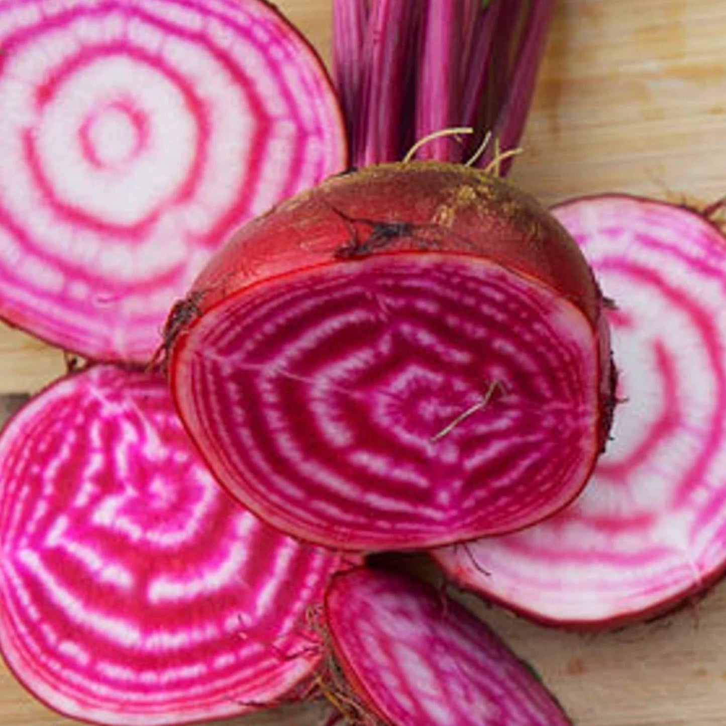 Beets Chioggia Guardsmark Heirloom with vibrant red and white swirls, ideal for organic gardening.