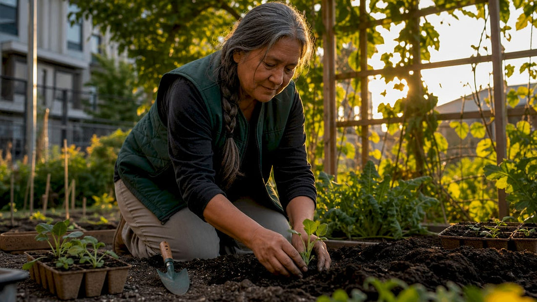 Woman planting organic vegetable seeds outdoors