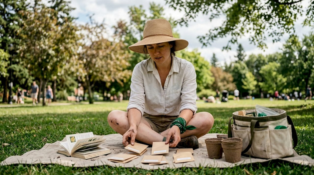 Gardener reviewing heirloom seed packets outdoors
