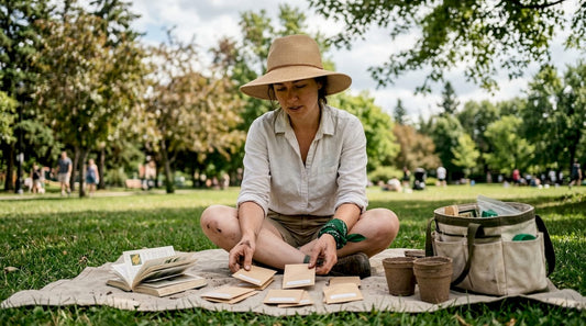 Gardener reviewing heirloom seed packets outdoors