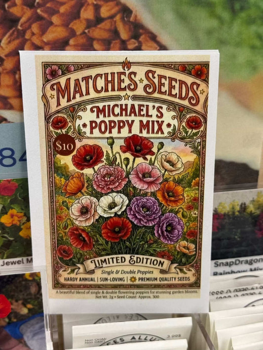 Limited edition Michael’s poppy wildflower seed mix with single, double, and peony-flowered blooms