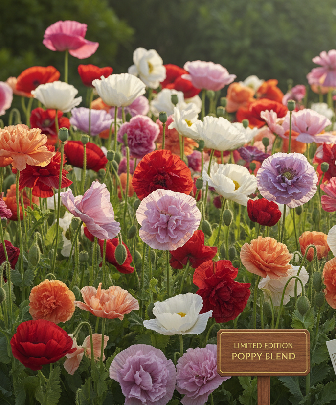 Limited edition Michael’s poppy wildflower seed mix with single, double, and peony-flowered blooms in vibrant colors