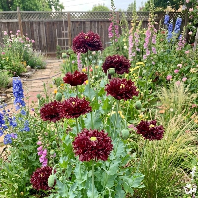 Deeply ruffled Black Swan Poppy flower in near-black burgundy shade with carnation-like petals