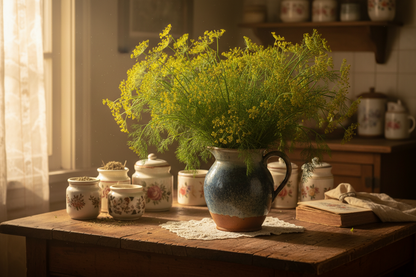 A Bouquet of Dill on a kitchen table, in an old pottery water jug like your grandmother would use to display flowers. 