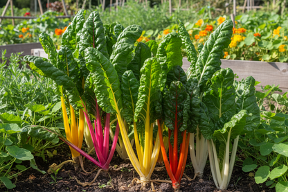 Bright Lights Swiss Chard Rainbow Mix with colorful stalks and green leaves, ideal companion plant for Dinosaur Kale Garden Seeds