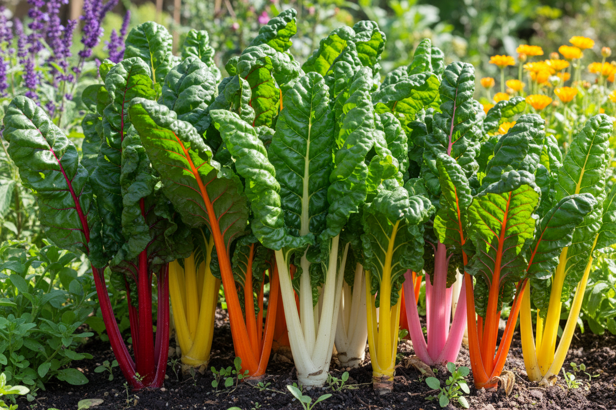 Bright Lights Swiss Chard Rainbow Mix colorful stalks and green leaves in garden bed