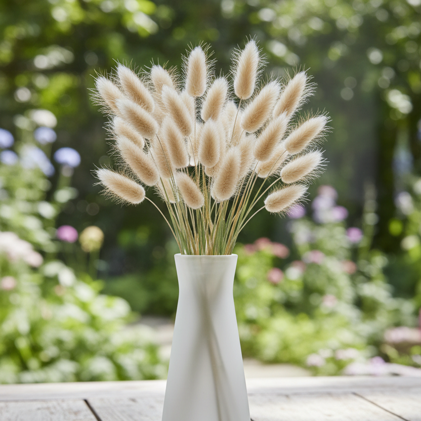 A frosted glass vase filled with fluffy beige bunny tail grass stems, set on a rustic wooden table with a blurred green garden background. Bunny Tails Ornamental Grass Seeds (Lagurus ovatus) Matches Seeds MatchesSeeds.ca 