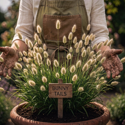 A potted bunny tail plant with tall cream-colored bunny tail flowers and green leaves, planted in a terracotta pot with a wooden sign that reads 'BUNNY TAILS'. A person wearing a gardening apron and gloves is holding the pot in a garden setting. Bunny Tails Ornamental Grass Seeds (Lagurus ovatus) Matches Seeds MatchesSeeds.ca 