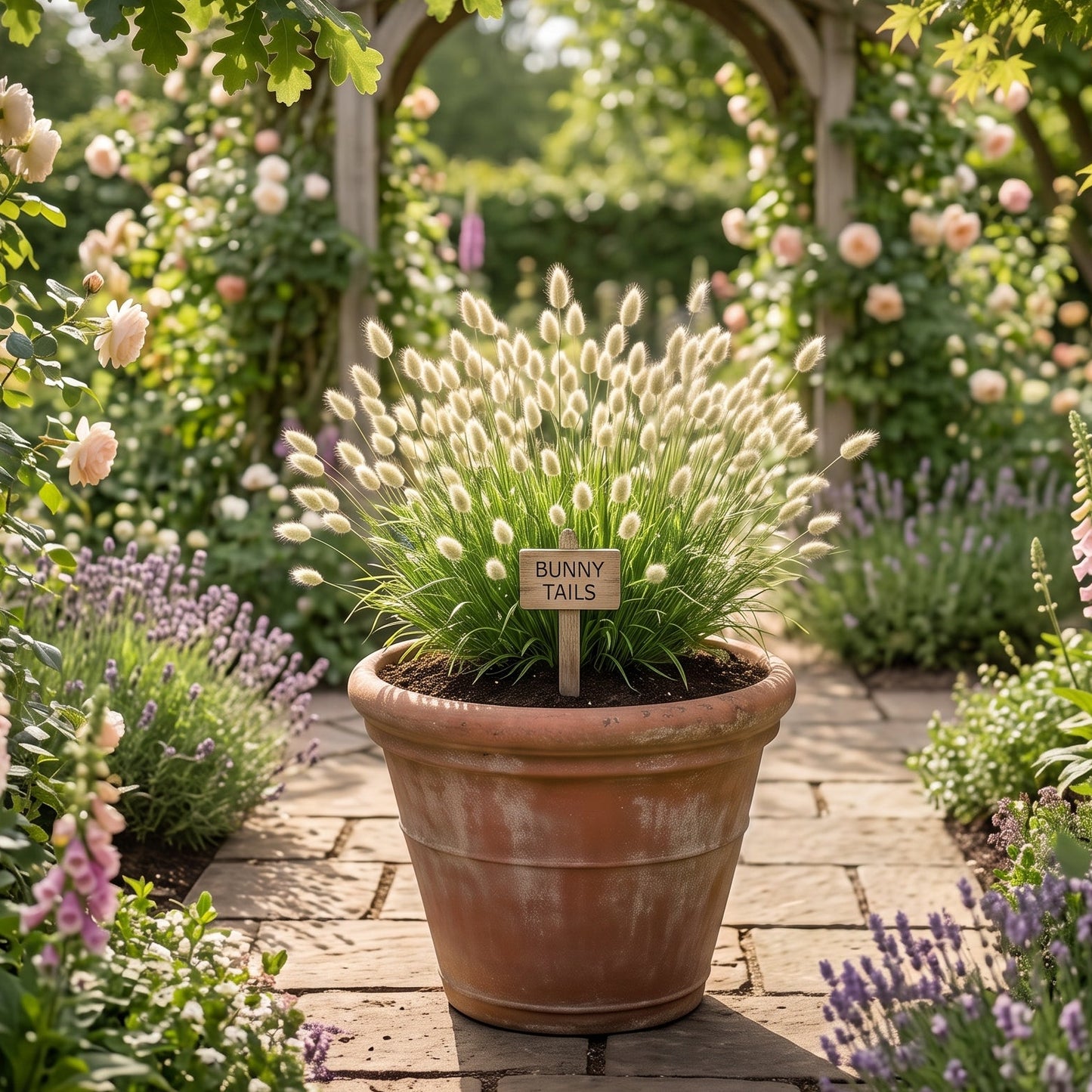 A potted bunny tail plant in a terracotta pot, placed on a stone pathway in a lush, flower-covered garden with an arched wooden trellis in the background. Bunny Tails Ornamental Grass Seeds (Lagurus ovatus) Matches Seeds MatchesSeeds.ca 