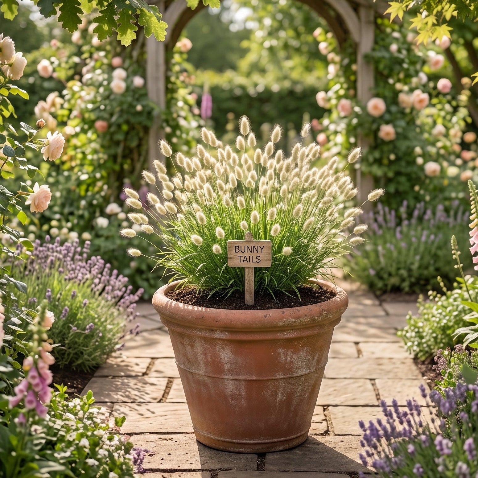 A potted bunny tail plant in a terracotta pot, placed on a stone pathway in a lush, flower-covered garden with an arched wooden trellis in the background. Bunny Tails Ornamental Grass Seeds (Lagurus ovatus) Matches Seeds MatchesSeeds.ca 