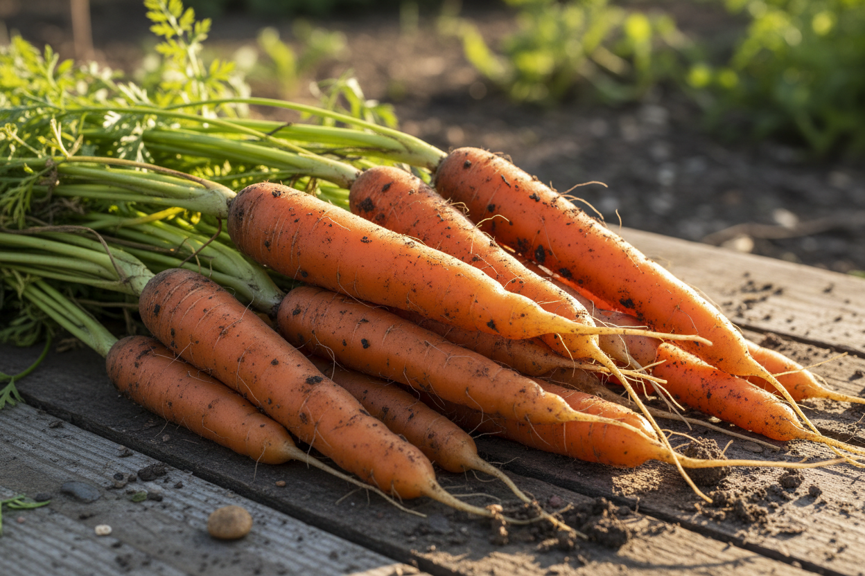 Bunch of fresh carrots with dirt on a wooden surface Carrot Romance Hybrid is a premier choice  MatchesSeeds