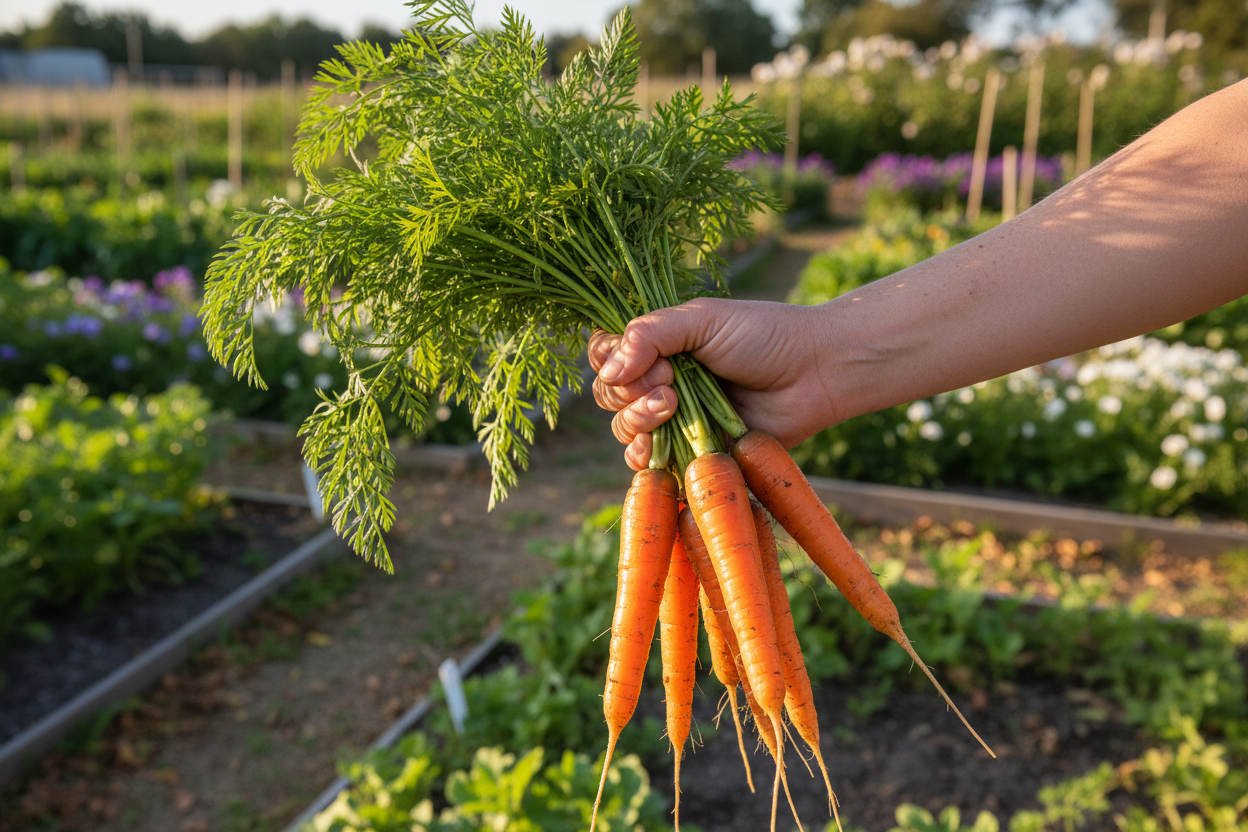 Hand holding a bunch of carrots with a garden background Carrot Romance Hybrid is a premier choice  MatchesSeeds
