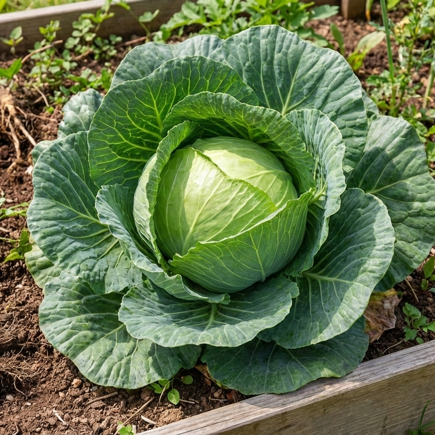 Cabbage growing in a garden bed with soil and plants around Copenhagen Market Cabbage Heirloom MatchesSeeds Matches Seeds