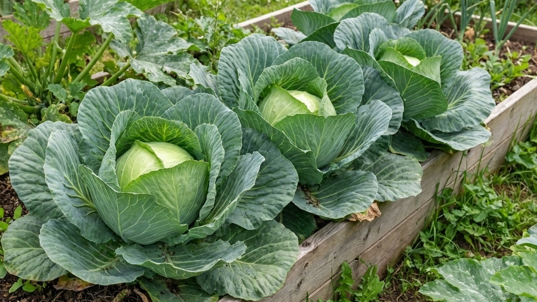 Cabbages growing in a garden bed with wooden sides. Copenhagen Market Cabbage Heirloom Matches Seeds