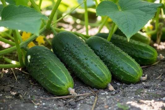 Green cucumbers growing on a vine with leaves in the background Cucumber Pickling Wisconsin SMR 58 The Prolific Pickler Matches Seeds