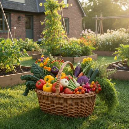 Basket of fresh vegetables in a garden setting, Cultivate Your Sanctuary: The Medium Garden Bundle Matches Seeds