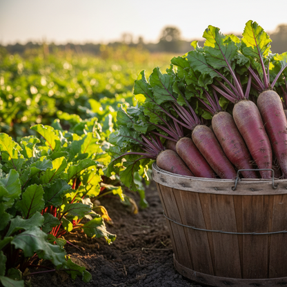 Wooden basket filled with Cylindra Beets in a field