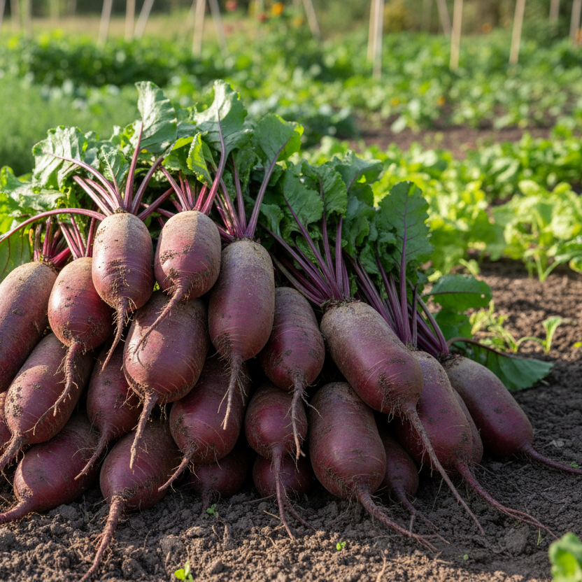 A large pile of Cylindra Beets after harvest in a garden Matches Seeds