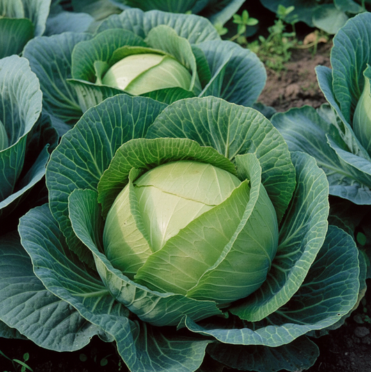 Close-up of a green cabbage in a garden setting