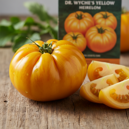Dr. Wyche's Yellow Heirloom tomato with a box in the background on a wooden surface.