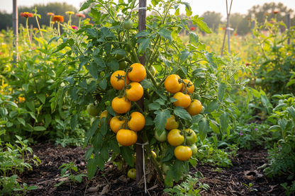 Tomato plants with ripe yellow tomatoes in a garden setting