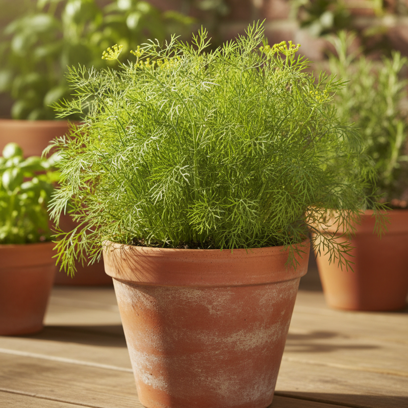 Close-up of Ella Dill cultivar with dense, stout emerald green leaves suitable for culinary use