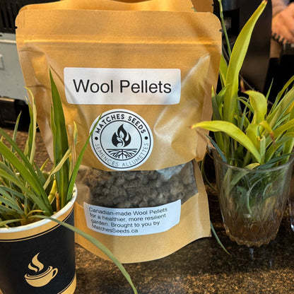 Wool pellets packaging with plants on a counter, featuring MatchesSeeds.ca  Garden Wool Pellets MatchesSeeds Matches Seeds
