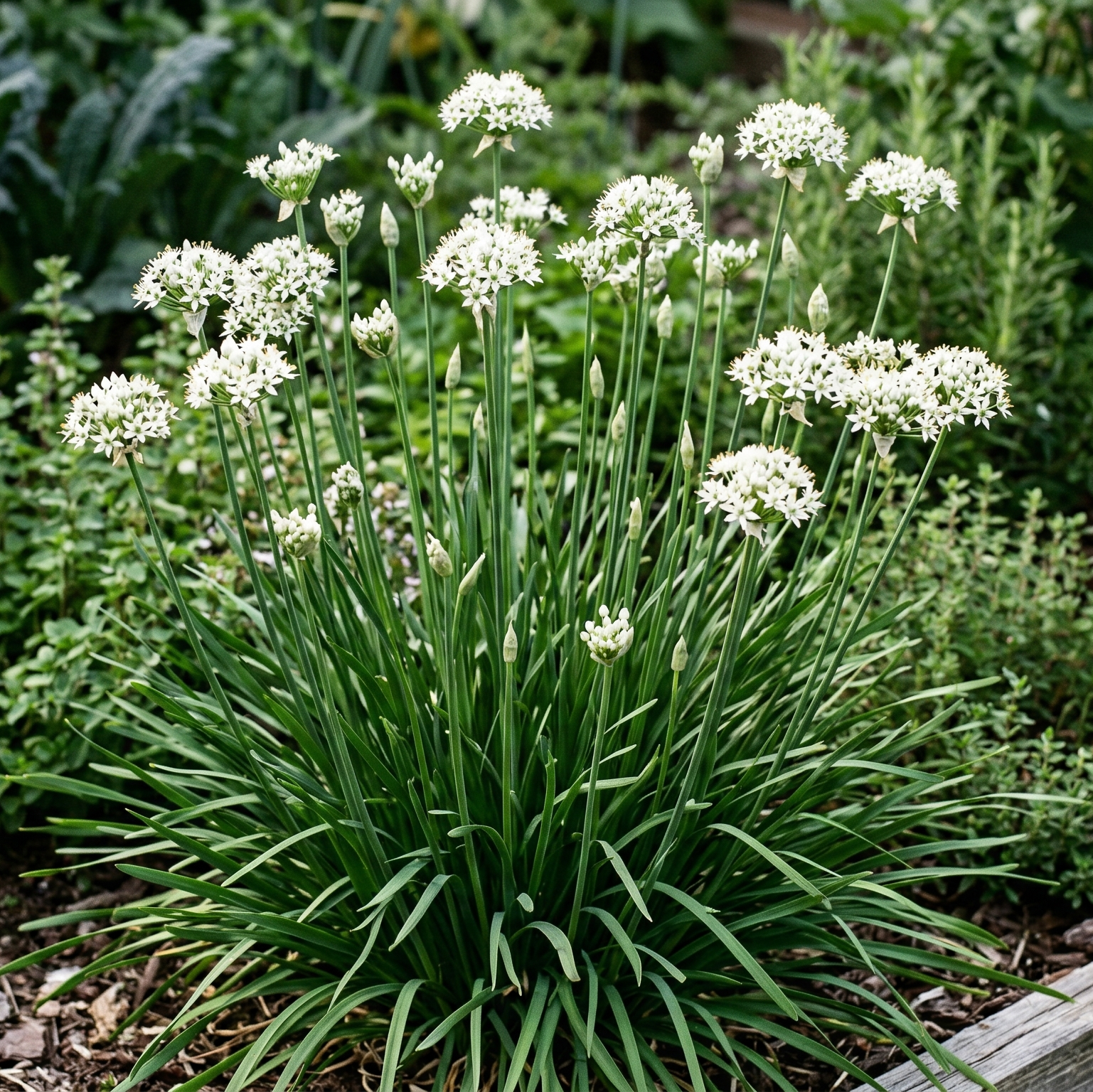 Garden scene with white flowers and green plants Garlic Chives Herbs