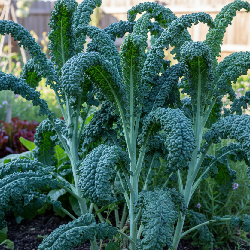 Lacinato Dinosaur Kale dark blue-green textured leaves in garden soil