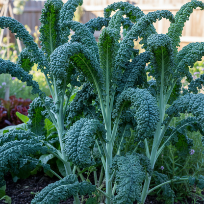 Lacinato Dinosaur Kale dark blue-green textured leaves in garden soil