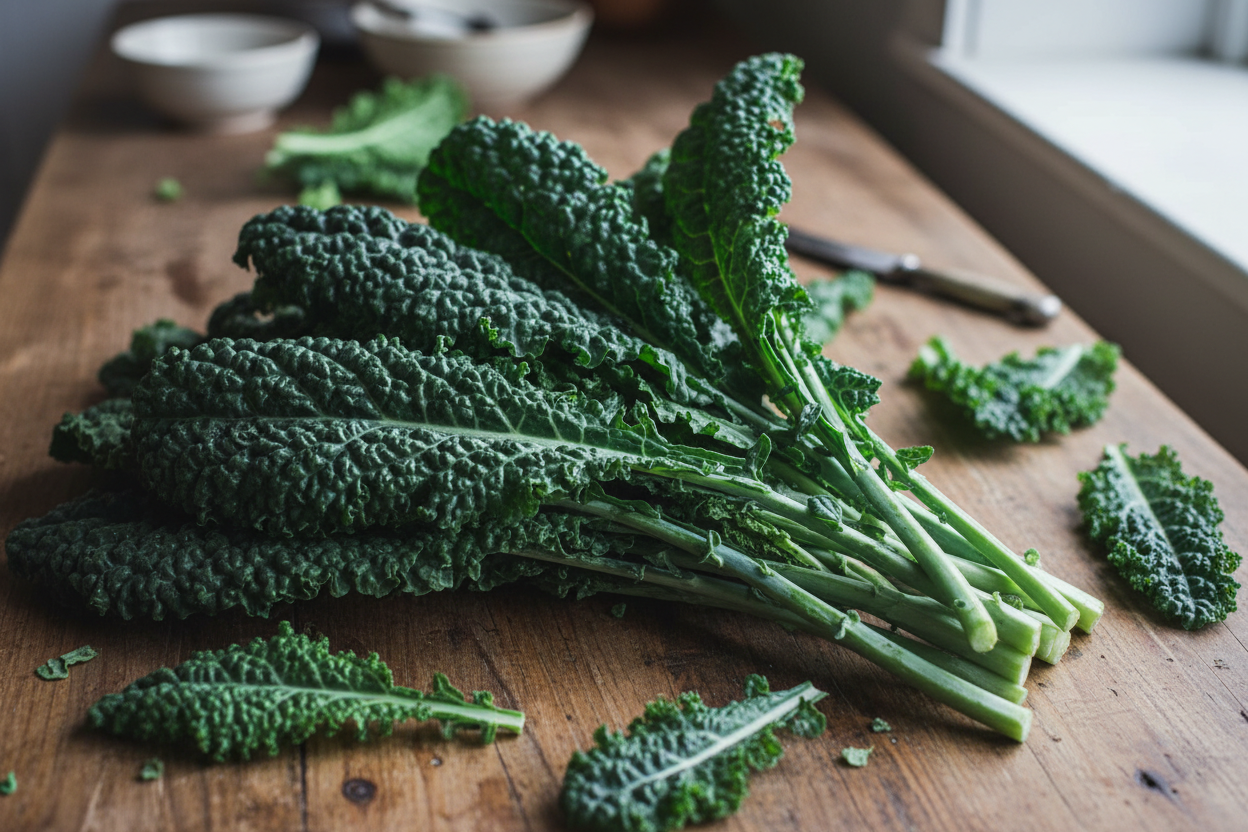 Lacinato Dinosaur Kale dark blue-green textured leaves in garden