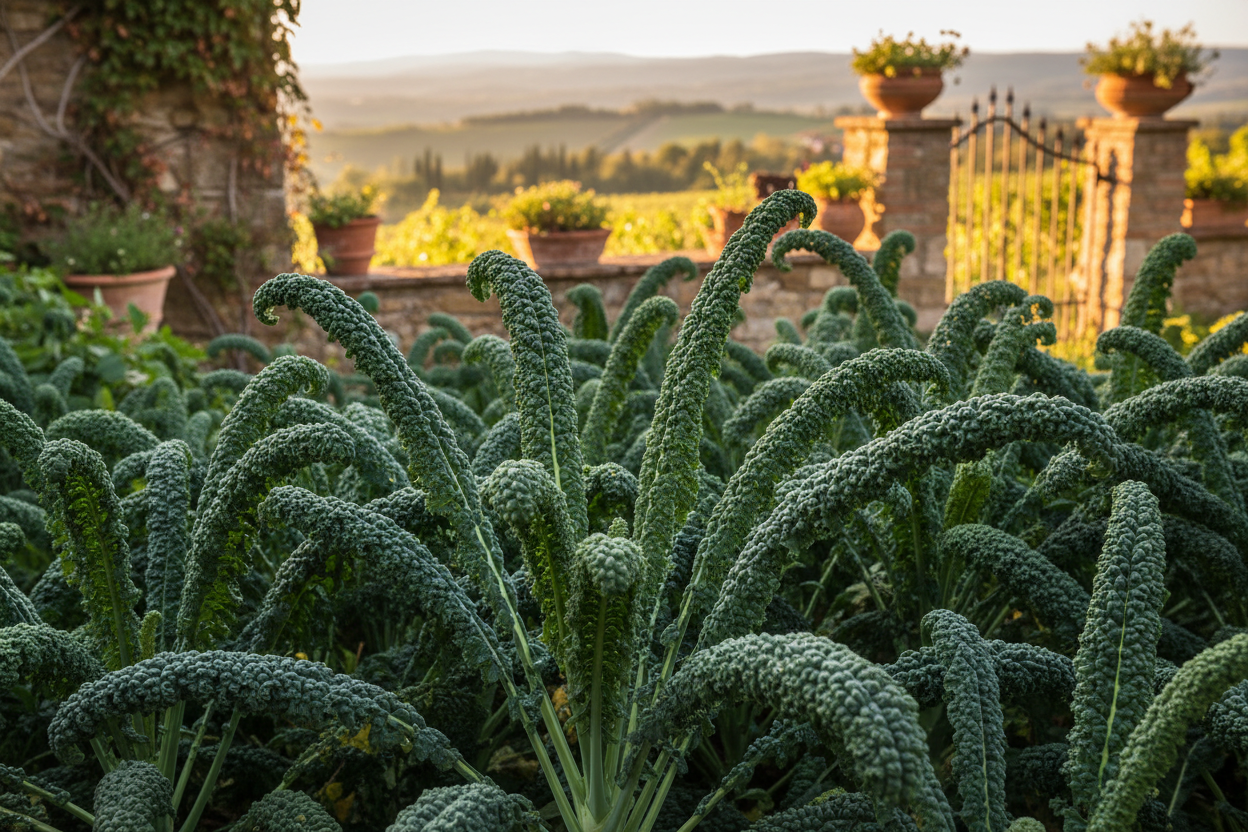 Lacinato Dinosaur Kale with dark blue-green textured leaves growing in garden