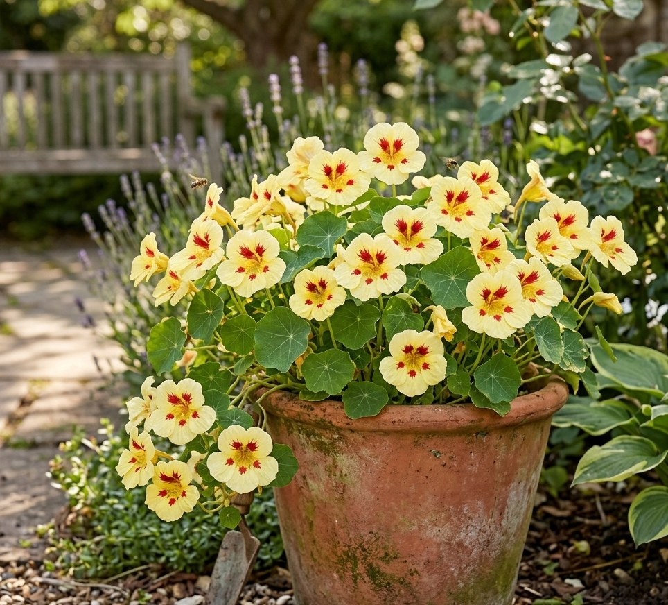 Potted plant with yellow flowers in a garden setting Ladybird Purple Spot Nasturtium  Matches Seeds