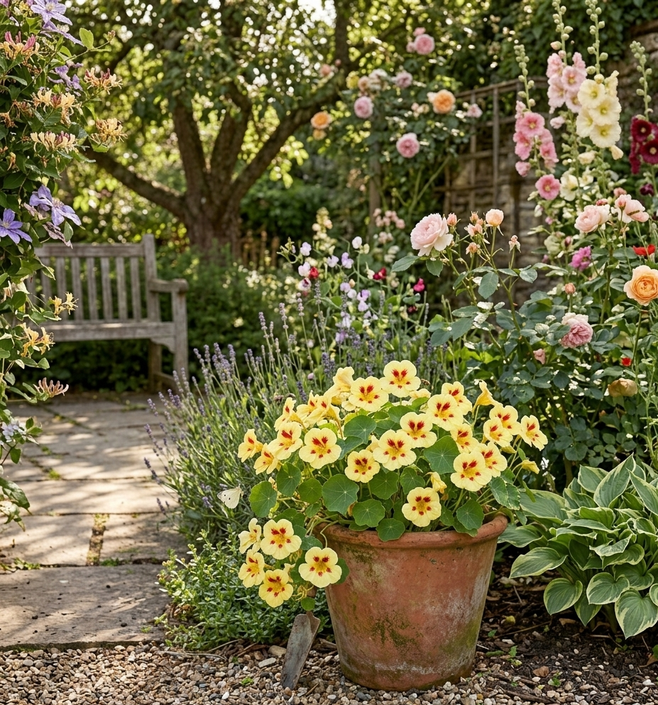 Potted yellow flowers in a garden setting with a bench and various plants. Ladybird Purple Spot Nasturtium  Matches Seeds