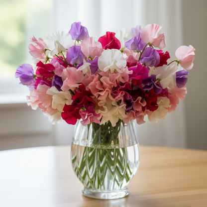 Late Spencer Sweet Pea climbing plant with large pink ruffled flowers in bloom