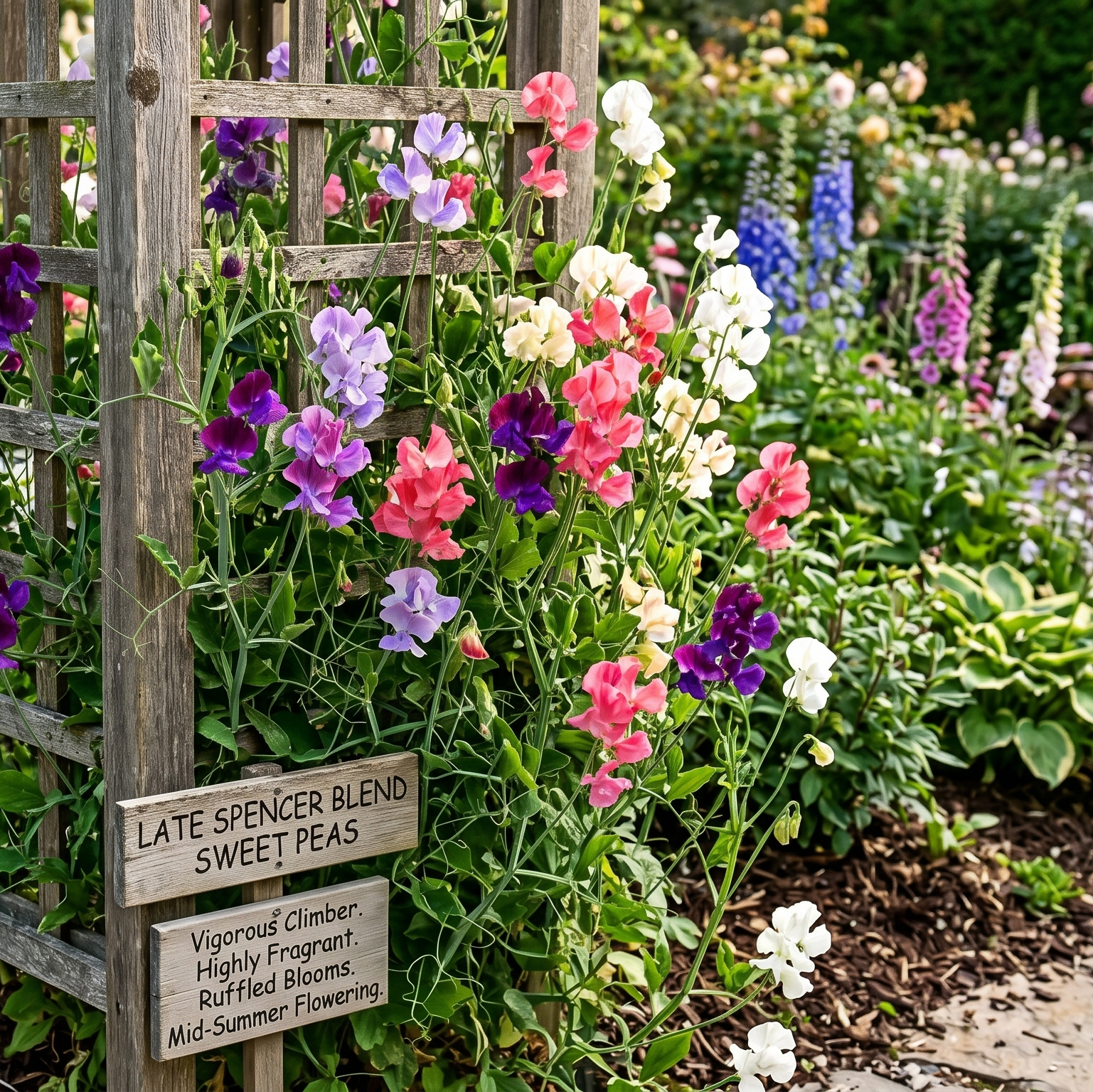 Late Spencer Sweet Pea Mix vibrant ruffled pink flowers climbing tall trellis in summer garden