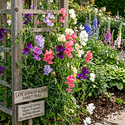 Late Spencer Sweet Pea Mix vibrant ruffled pink flowers climbing tall trellis in summer garden