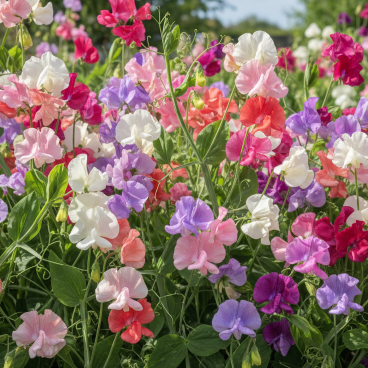 Late Spencer Sweet Pea Mix in bloom in a garden at Matches Seeds