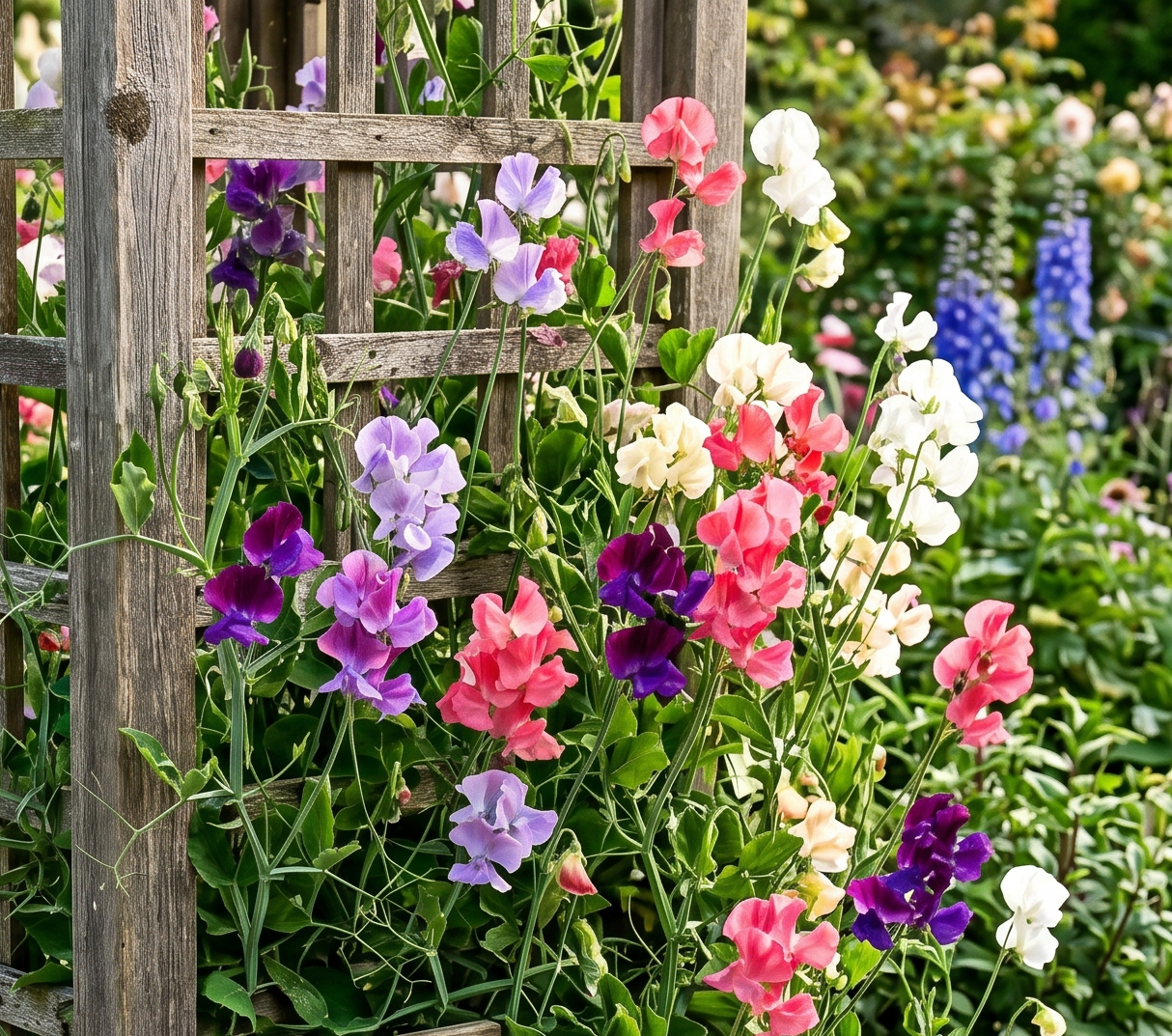 Late Spencer Sweet Pea Mix with large ruffled blossoms climbing on a trellis in full sun garden
